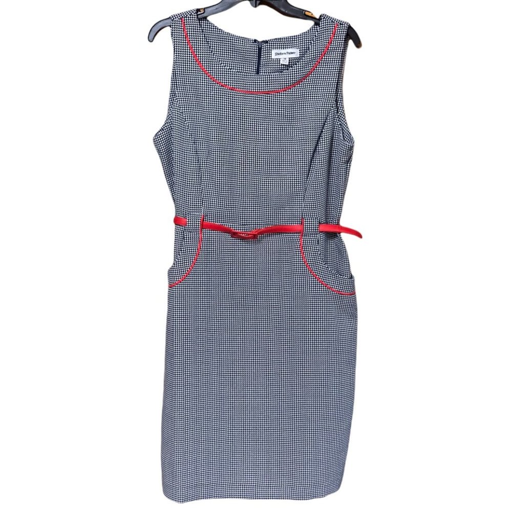 Shelby & Palmer Women Belted Houndstooth Dress, Red Accents and Belt, size 14